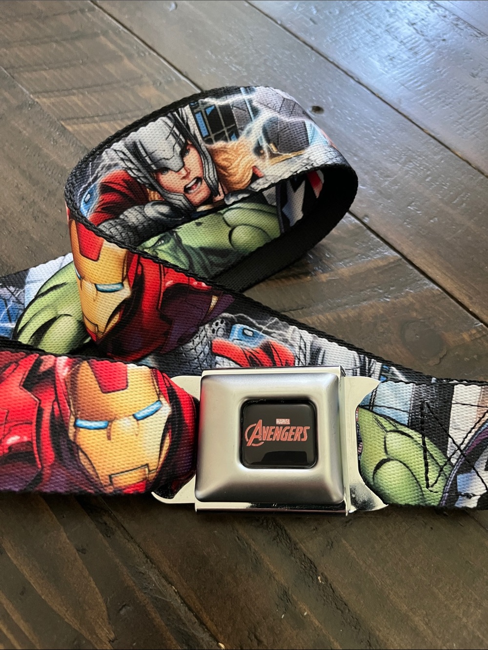 Marvel Avengers Seatbelt Belt with Iron Man & Thor Graphics Buckle Down Belt